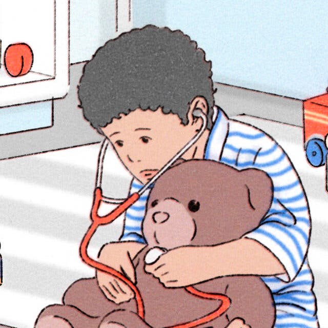 An illustration of a child in a bedroom surrounded by toys. The child is using a stethoscope on a teddy bear.